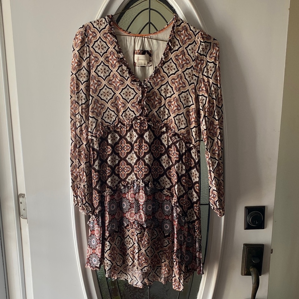Anthropologie Bohemian Long Sleeve Dress - Cream and Brown